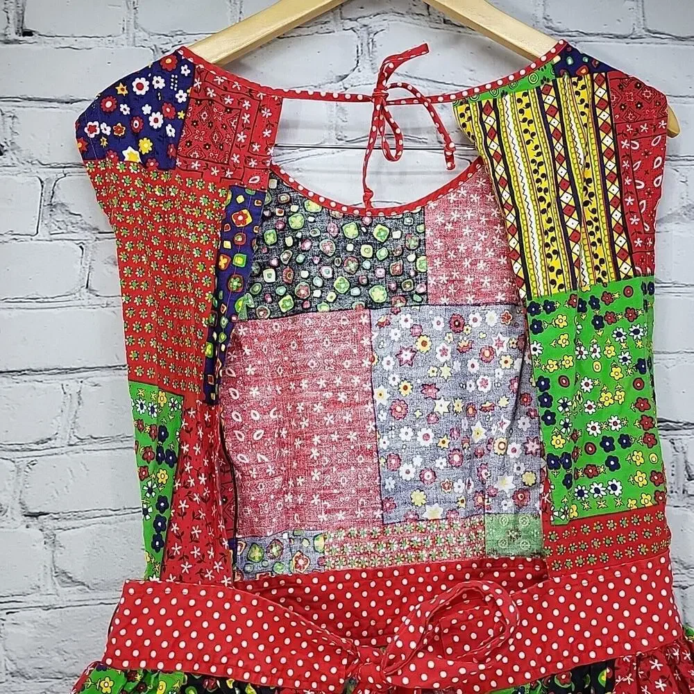 Vintage 70s Patchwork Apron Full Colorblock‎ Housedress Prairie Cottagecore Flaw